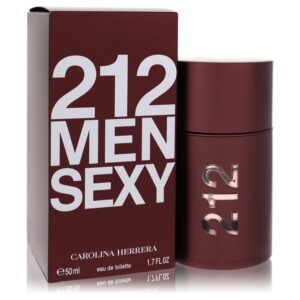 בקבוק בושם 212 MEN SEXY מבית קרולינה הררה, 50 מ"ל, עם אריזת קרטון מעוצבת בצבע חום כהה ולוגו לבן בולט.