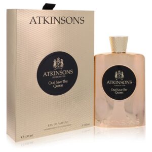 בקבוק ובושם Atkinsons Oud Save The Queen עם אריזת קרטון מוזהבת, נפח 100 מ"ל, ניחוח יוקרתי ואיכותי.