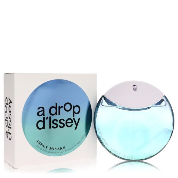 בקבוק בושם "A Drop d'Issey" מבית איזי מיאקה, עם עיצוב מעגלי בצבעים כחול וירוק, מונח לצד האריזות שלו.