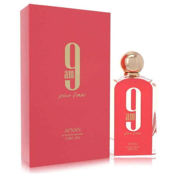 בקבוק בושם "9 AM pour femme" של המותג AFNAN, בנפח 100 מ"ל, עם עיצוב מודרני ואלגנטי, באריזת קרטון ורודה עם כיתוב מוזהב.