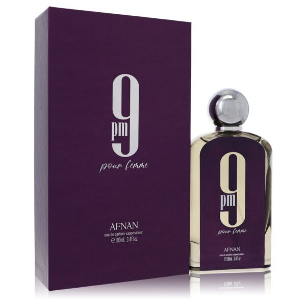 בקבוק בושם 9 PM Pour Femme של Afnan, בנפח 100 מ"ל, בעיצוב אלגנטי עם אריזת קרטון סגולה.