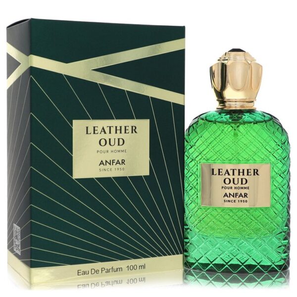 בקבוק בושם "Leather Oud Pour Homme" של אנפאר, בנפח 100 מ"ל, עם עיצוב ייחודי בצבעים ירוקים וזהב, המבטא אלגנטיות וגבריות.
