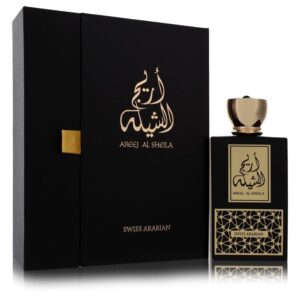 בקבוק בושם "אאריג' אל שילה" של Swiss Arabian, אריזת מתנה שחורה עם לוגו זהב, עיצוב אלגנטי ומודרני.