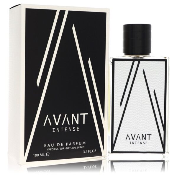 בקבוק של בושם AVANT INTENSE עם אריזת קרטון מעוצבת, נפח 100 מ"ל, נוזל ריסוס טבעי.