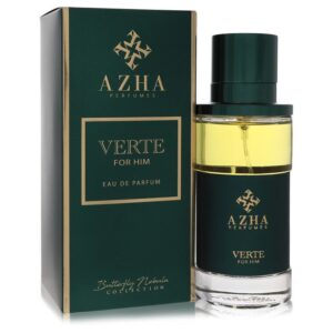 בקבוק בושם "VERTE FOR HIM" מבית AZHA, מתוך קולקציית Butterfly Nebula, עם עיצוב אלגנטי בצבעים ירוקים וזהב.