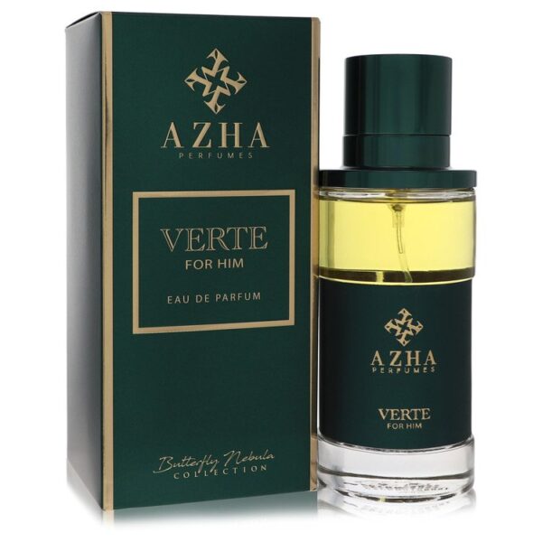 בקבוק בושם "VERTE FOR HIM" מבית AZHA, מתוך קולקציית Butterfly Nebula, עם עיצוב אלגנטי בצבעים ירוקים וזהב.