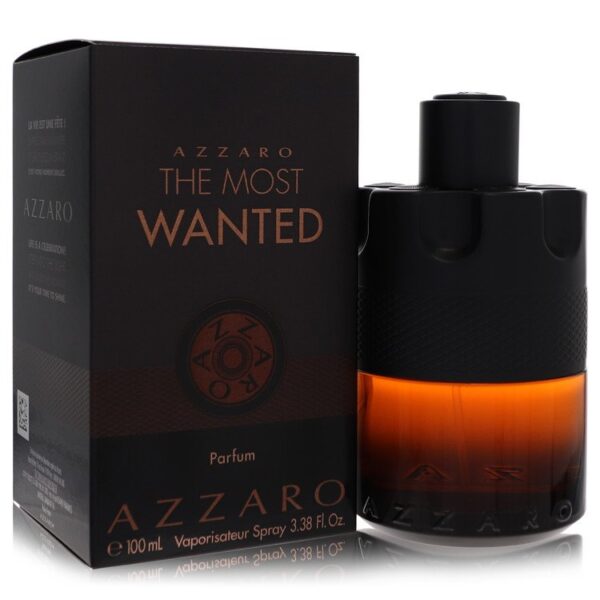 בקבוק בושם Azzaro The Most Wanted בנפח 100 מ"ל, בעל עיצוב מודרני עם גוון כהה ואורנג'י, מציע ניחוח ייחודי ואטרקטיבי לגברים.
