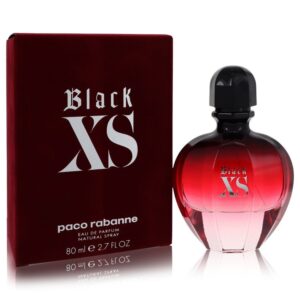בקבוק בושם "Black XS" של פקו רבאן, בנפח 80 מ"ל, מציג עיצוב אלגנטי בצבעים אדום ושחור, משווק בתוך קופסה מרשימה.