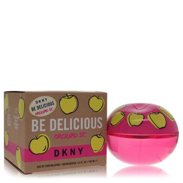 בקבוקי בושם DKNY Be Delicious Orchard St עם עיצוב תפוחים צבעוניים, מכיל 100 מ"ל של בושם באיכות גבוהה.