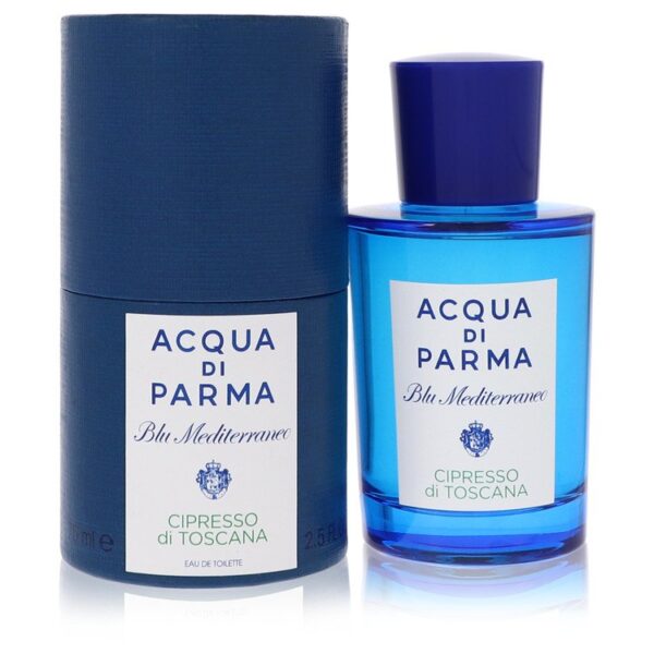 בקבוק של בושם "Acqua di Parma Blu Mediterraneo Cipresso di Toscana" עם עיצוב כחול ויוקרתי, המציע ניחוח ייחודי בהשראת חופי טוסקנה.