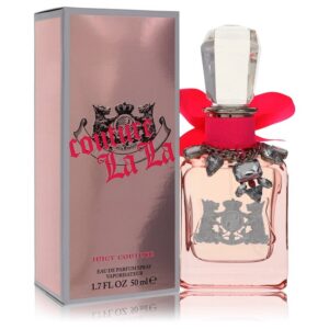 בקבוק של בושם "Juicy Couture Couture La La" בגודל 50 מ"ל, עם עיצוב אלגנטי, מכיל תרסיס Eau de Parfum, מצופה בתיבה ורודה עם כיתוב שחור.