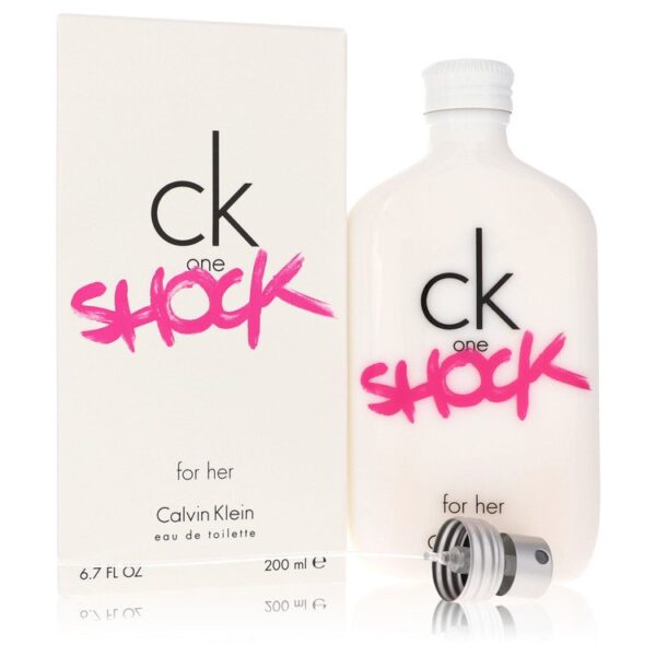 בקבוק בושם CK One Shock לנשים של קלווין קליין, בנפח 200 מ"ל, עם עיצוב מודרני וכתובת בולטת בצבע ורוד.