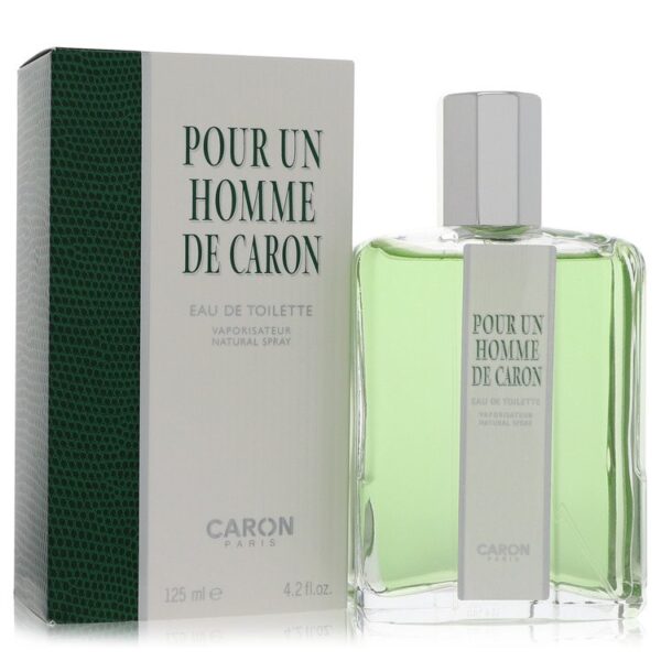 בקבוק בושם "Pour Un Homme de Caron" עם תמצית קלילה וארומטית, בנפח 125 מ"ל, המיוצר על ידי Caron Paris.