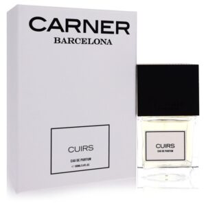 בקבוק בושם "Cuirs" מבית Carner Barcelona, עם אריזת קרטון לבנה ואלגנטית, מכיל 100 מ"ל של Eau de Parfum.