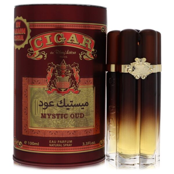 בושם "Cigar Mystic Oud" באריזת פח מעוצבת, 100 מ"ל, עם ניחוחות עשירים ומלכותיים, מציע חוויית ריח ייחודית ואיכותית.