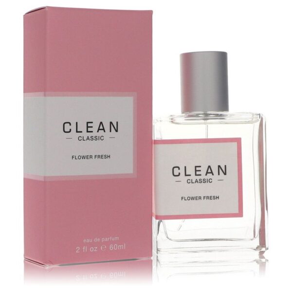 בקבוק של בושם "CLEAN CLASSIC FLOWER FRESH" עם אריזת קרטון ורודה, 60 מ"ל, בעל ניחוח פרחוני ורענן.