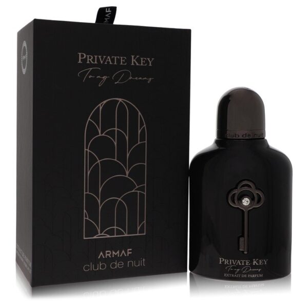 בקבוק בושם "Private Key" של ארמאף, עטוף באריזת קרטון שחורה עם עיצוב אלגנטי. הבושם מיועד לאנשים המחפשים ניחוח ייחודי ומרשים.