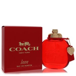 בקבוק בושם אדום של Coach New York בשם "Love", בנפח 90 מ"ל, עם עיצוב אלגנטי ותג לב קטן.