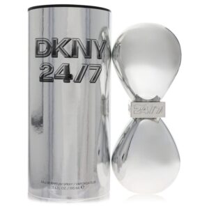בקבוק בושם DKNY 24/7 בעיצוב מתכתי מבריק, עם קופסה תואמת, נפח 100 מ"ל, מתאים לשימוש יומיומי.