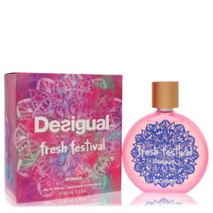 בקבוק ובית של בושם "Fresh Festival" של המותג Desigual, המיועד לנשים, עם עיצוב צבעוני ומודרני.