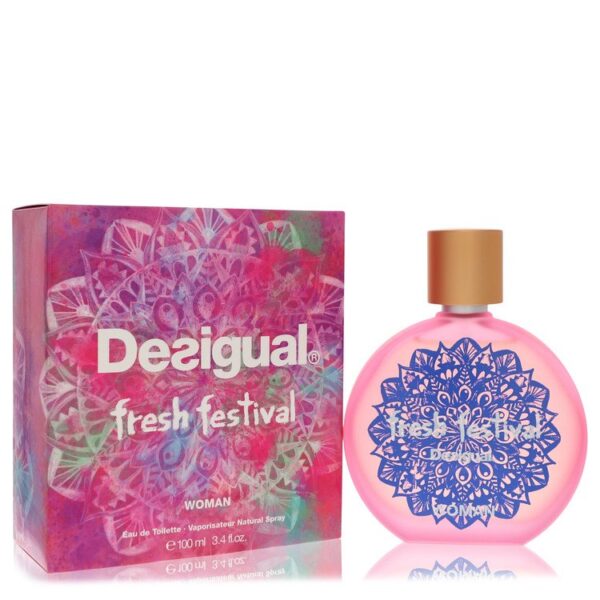 בקבוק ובית של בושם "Fresh Festival" של המותג Desigual, המיועד לנשים, עם עיצוב צבעוני ומודרני.