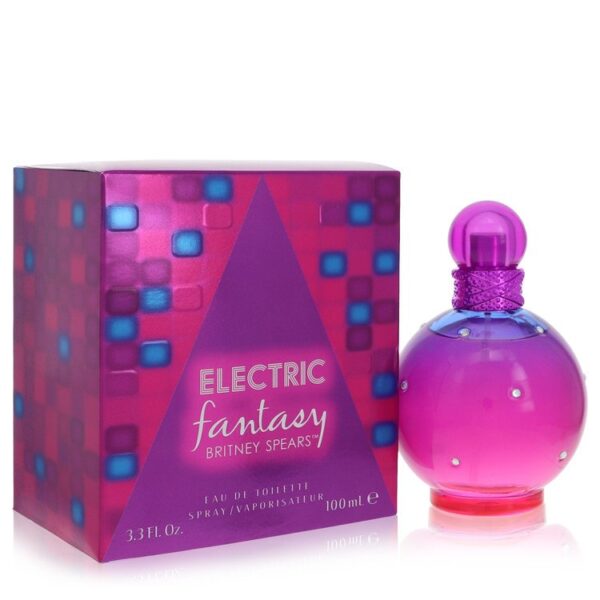 בקבוק בשמים "Electric Fantasy" של בריטני ספירס, מכיל 100 מ"ל של Eau de Toilette, עם עיצוב צבעוני ואלגנטי בשילוב גוונים של סגול וכחול.
