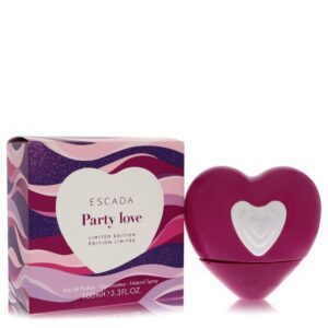 בקבוקון של בושם "Party Love" מהמותג אסקדא, בעיצוב לב בצבע סגול, עם אריזת מתנה צבעונית ומודרנית. המוצר הוא בושם Eau de Parfum בנפח 100 מ"ל.