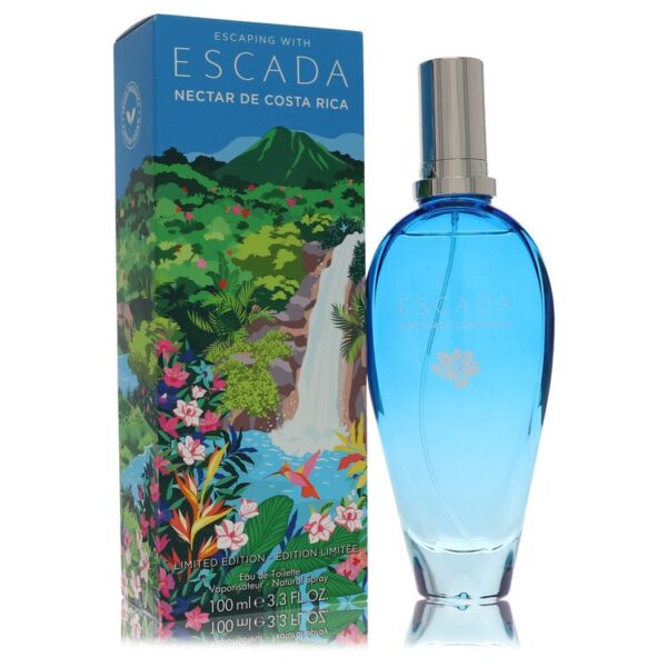 בקבוק בושם "Escada Nectar de Costa Rica" בעיצוב צבעוני עם נוף טרופי, כולל מפל וצמחים צבעוניים, בנפח 100 מ"ל.