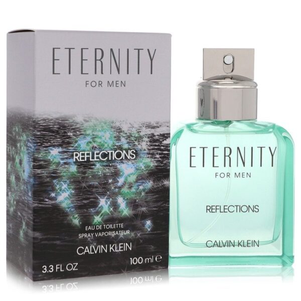 תמונה של בושם "Eternity for Men Reflections" מבית קלווין קליין, בקבוק 100 מ"ל עם עיצוב מודרני בצבעים ירוקים וכחולים, באריזת קרטון מעוצבת.