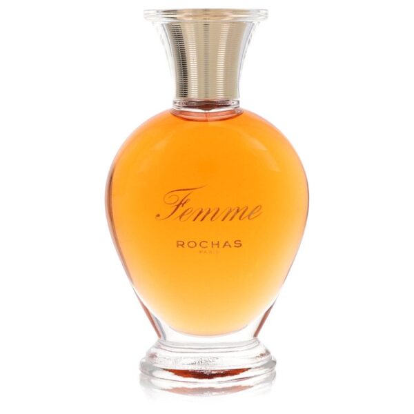 בקבוק בושם של רושאס, Femme, בצורת כדור, עם נוזל כתום ושפופרת מתכתית מבריקה.