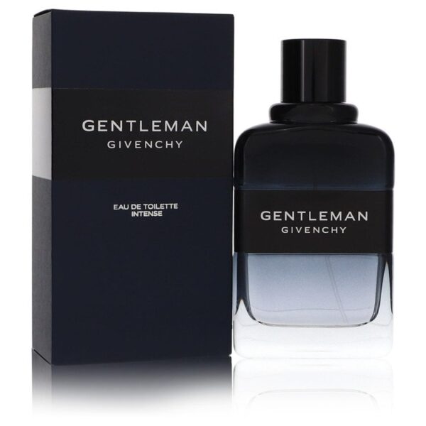 בקבוק בשמים ג'נטלמן של גיבנשי, Eau de Toilette Intense, עם אריזת קרטון כהה. המוצר מייצג סגנון אלגנטי וגבריות מודרנית.