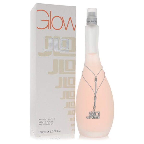 בקבוק בושם "Glow by JLo" בנפח 150 מ"ל, עם עיצוב אלגנטי וצבע ורדרד, מצויד בתליון בצורת האותיות JLo.