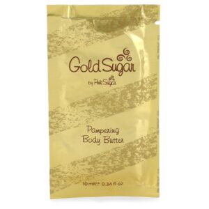 שקית של חמאת גוף מפנקת "Gold Sugar" עם עיצוב זהב, מכילה 10 מ"ל. מוצר טיפוח לעור עם נוסחה עשירה ומרגיעה.