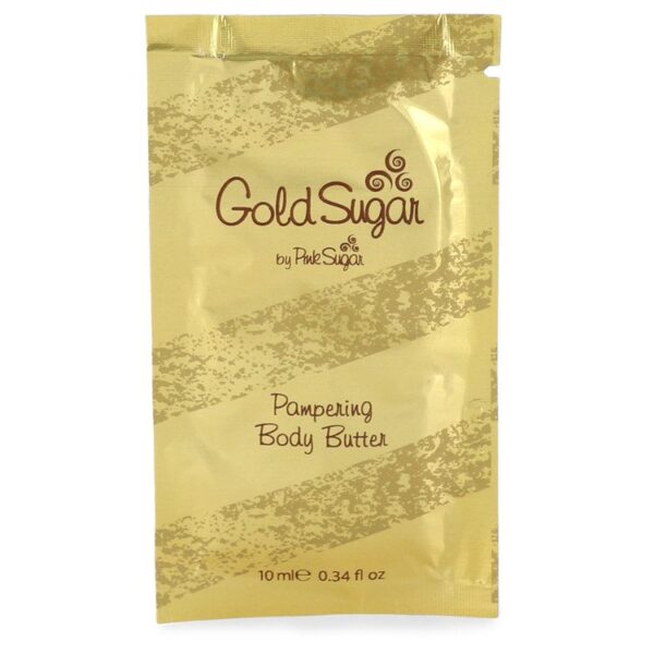 שקית של חמאת גוף מפנקת "Gold Sugar" עם עיצוב זהב, מכילה 10 מ"ל. מוצר טיפוח לעור עם נוסחה עשירה ומרגיעה.