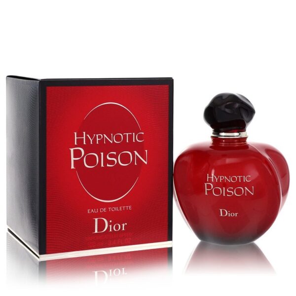 בקבוק של בושם "Hypnotic Poison" של דיור, עם עיצוב אדום ואלגנטי, מונח לצד הקופסה שלו. הבושם הוא Eau de Toilette, מציע ניחוח מרהיב ומסקרן.