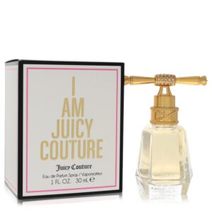 בקבוק בושם "I Am Juicy Couture" בגודל 30 מ"ל עם עיצוב יוקרתי, כולל מכסה מוזהב מעוטר באבני חן.