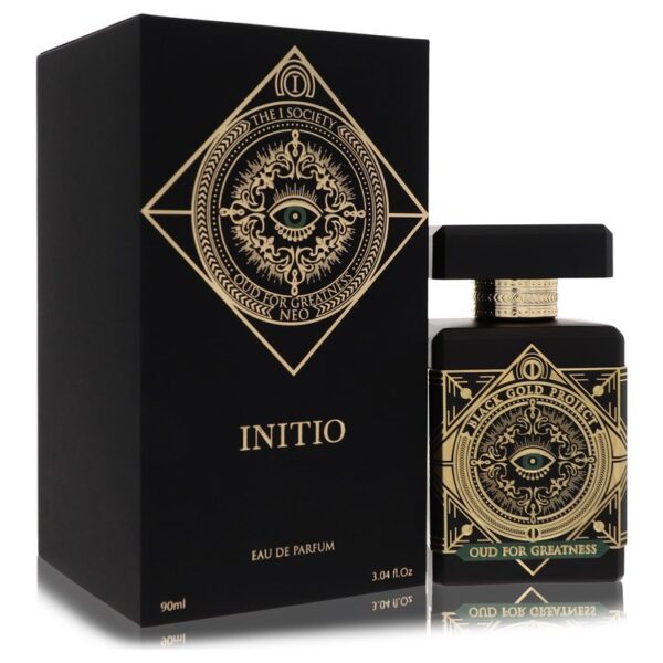 בקבוק בושם INITIO Oud for Greatness, 90 מ"ל, בעיצוב יוקרתי בשחור עם פרטים מוזהבים.