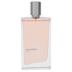 בקבוק בושם Jil Sander Eve, מעוצב בצורת מלבן עם מכסה מתכתי, מציג נוזל ורוד בהיר.