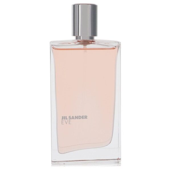 בקבוק בושם Jil Sander Eve, מעוצב בצורת מלבן עם מכסה מתכתי, מציג נוזל ורוד בהיר.