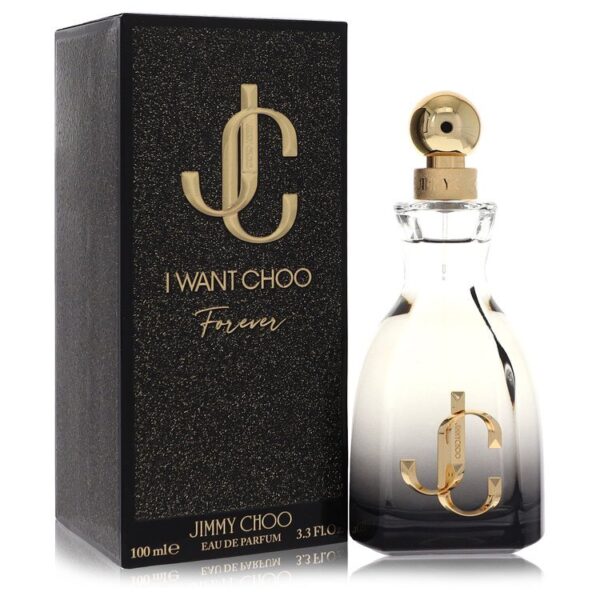 בקבוק בושם "I Want Choo Forever" של ג'ימי צ'ו, 100 מ"ל, בעיצוב יוקרתי עם פקק מוזהב ואריזת קרטון שחורה עם פרטים מוזהבים.