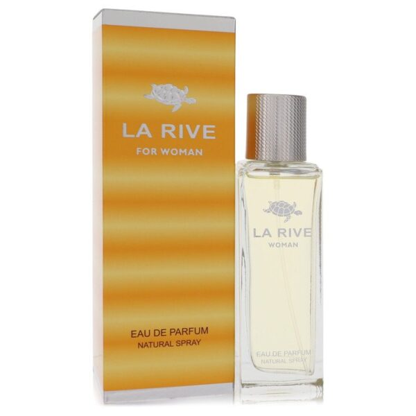 בקבוק בושם לנשים של LA RIVE, עם עיצוב אלגנטי ואריזת קרטון בצבעים חמים. הבושם מוגדר כ-Eau de Parfum עם ריסוס טבעי.