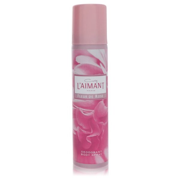 ספראי גוף דיאודורנט L'AIMANT Fleur de Rose בצבע ורוד, עם עיצוב פרחוני, מספק ריח רענן ונעים.