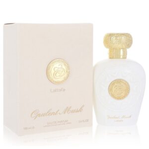 בקבוק ועיצוב של בושם "Opulent Musk" מבית Lattafa, 100 מ"ל, Eau de Parfum. הבושם מציע ניחוח יוקרתי עם אריזת קרטון בעיצוב אלגנטי.