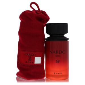 בקבוק בושם Nardo Red עם עטיפה אדומה, מותג RAVE, מציג עיצוב מודרני ואטרקטיבי.