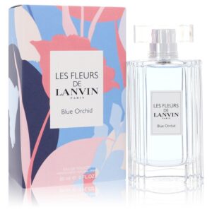 בקבוק בושם "Les Fleurs de Lanvin" עם ניחוח סגול כחול, מציג עיצוב אלגנטי. הבושם מגיע באריזת קרטון צבעונית עם פרחים, בנפח 90 מ"ל.