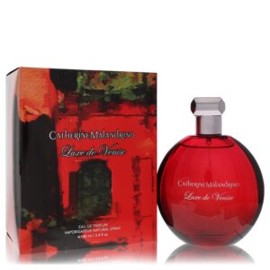 בקבוק בושם קתרין מאלנדרינו Luxe de Venise, עם עיצוב עגלגל בצבע אדום, מונח ליד קופסה מעוצבת באדום ושחור. הבושם הוא Eau de Parfum בנפח 100 מ"ל.