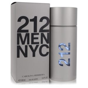 בקבוק ובושם 212 MEN NYC של קרולינה הררה, 100 מ"ל, בעיצוב מודרני עם אריזת קרטון אפורה ומסך כחול.