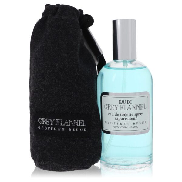 בקבוק בושם "Grey Flannel" של ג'פרי בין עם תווית מעוצבת בצבע כסף, מצוי בתוך שקית בד שחורה. הבושם הוא Eau de Toilette בצבע טורקיז, מתאים לשימוש יומיומי.