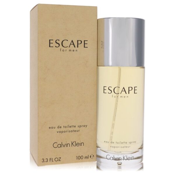 בושם "ESCAPE for men" של קלvin קלין, באריזת קרטון עם בקבוק זכוכית, נפח 100 מ"ל, מיועד לגברים, מציע ניחוח טרי ואנרגטי.