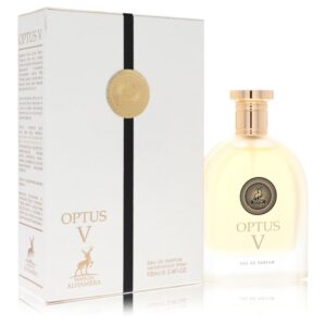 בקבוק בושם OPTUS V של Maison Alhambra, מכיל 100 מ"ל של Eau de Parfum, מציג עיצוב אלגנטי עם קופסה לבנה ולוגו מוזהב.